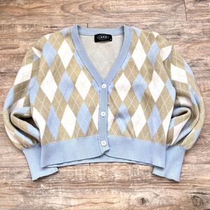 Cider Argyle Cardigan Medium Blue Tan Preppy Cropped Sweater Plaid Y2K Cute
